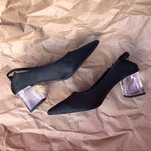 Black Satin and Clear Lucite Convertible Mules